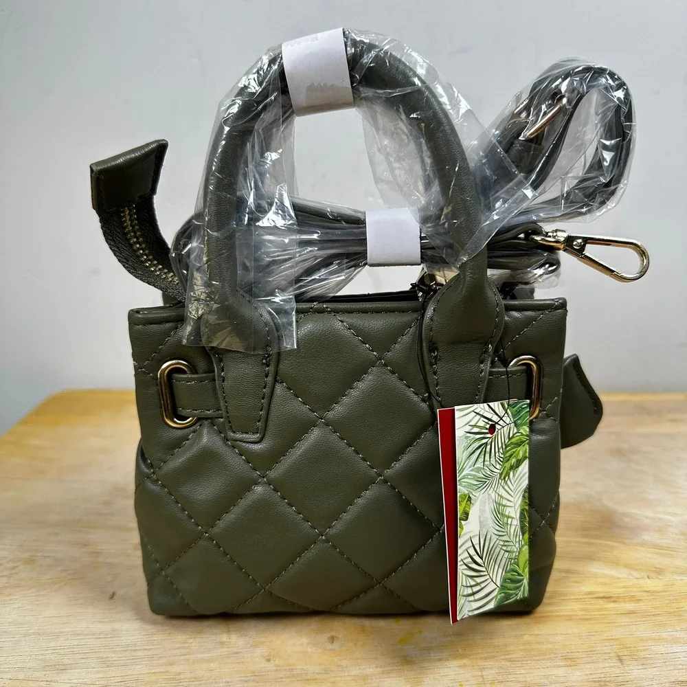 Badgley Mischka Mini Satchel Tote Olive Green Quilted Crossbody Handbag Lock NWT